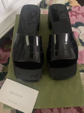 Gucci Black Patent Slide Mules with Embossed Logo New w/Box/Dust Bags